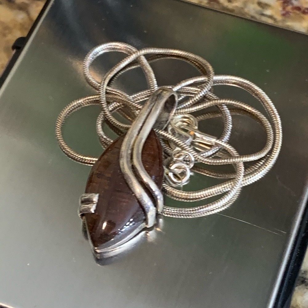 925 Sterling Silver and Wood Pendant 18” Necklace